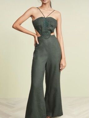 FARM Rio Olive Green Wide-Leg Cutout Jumpsuit